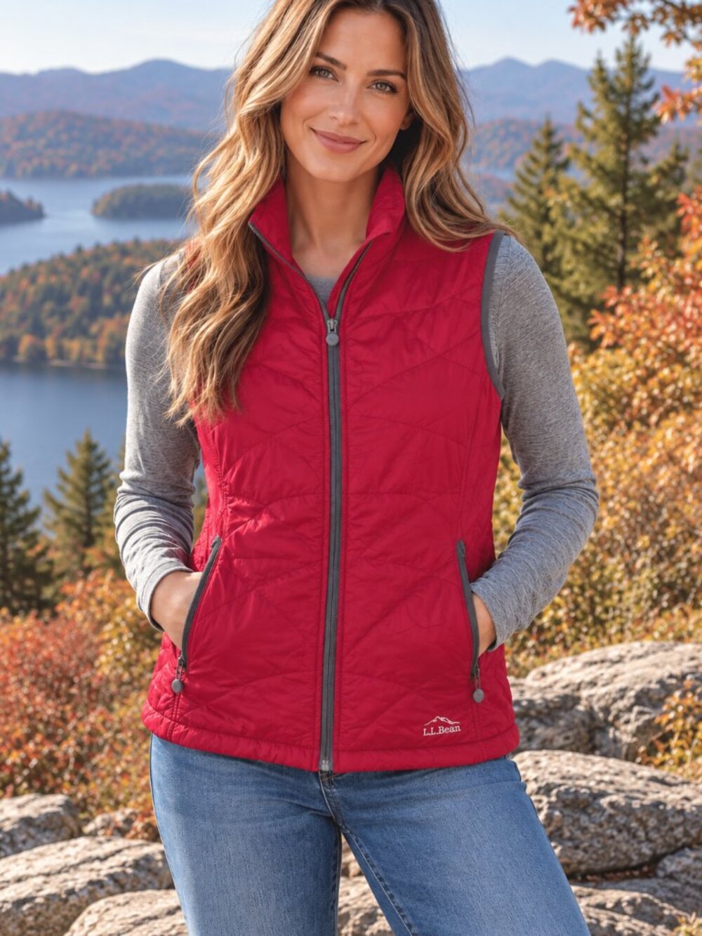 L.L.Bean PrimaLoft Packaway Quilted Vest Red Large L